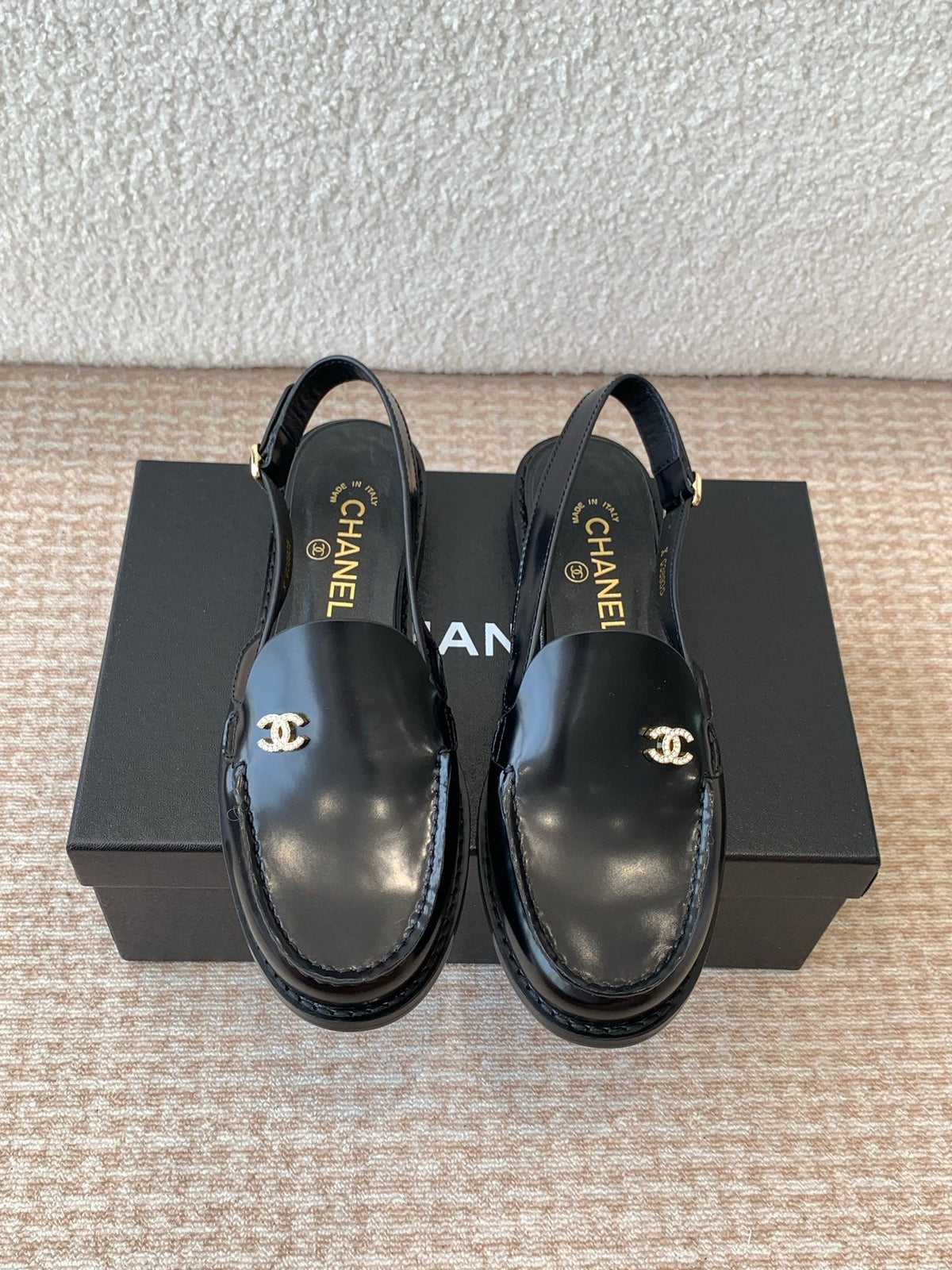 Chanel Moccasin Slingback in Black Patent Calfskin