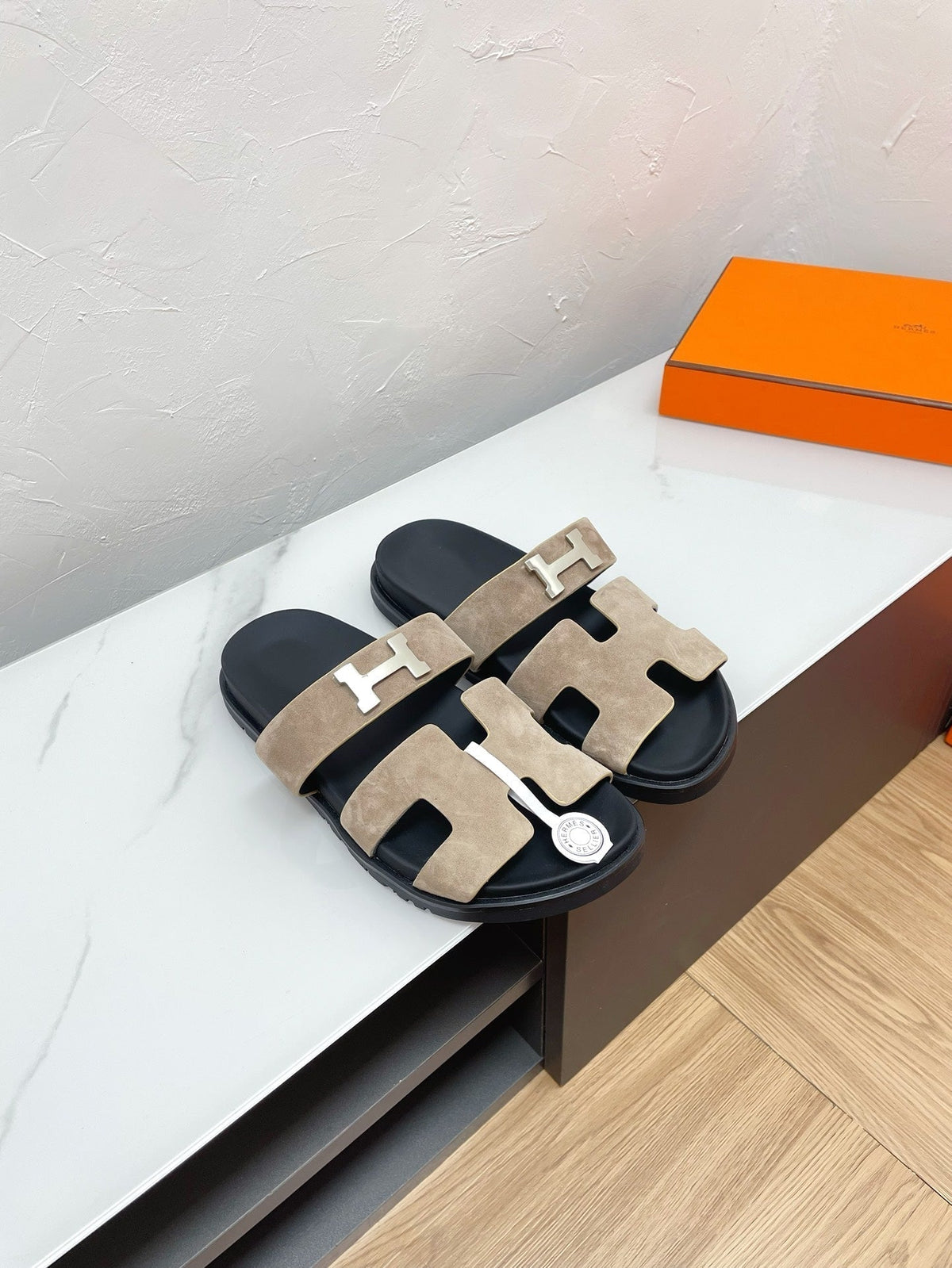 Hermes Chypre Sandal Light Gray Suede with H Buckle