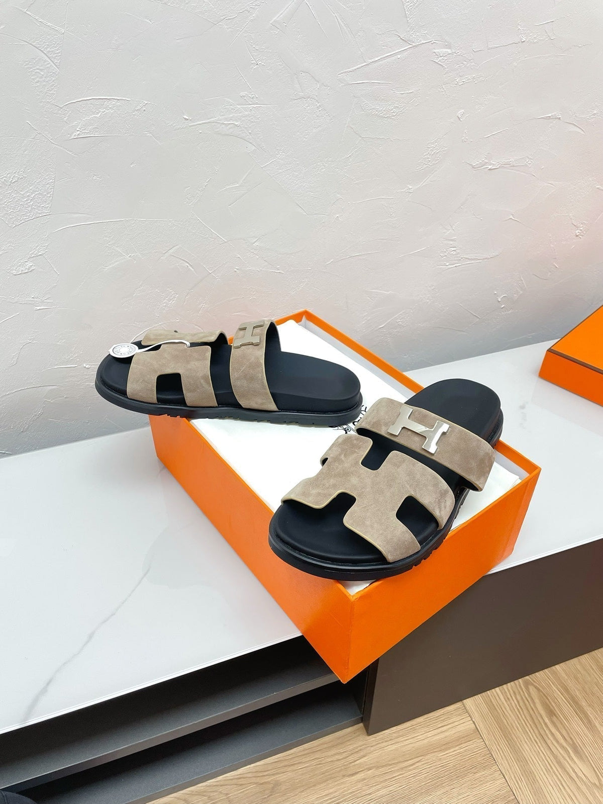 Hermes Chypre Sandal Light Gray Suede with H Buckle