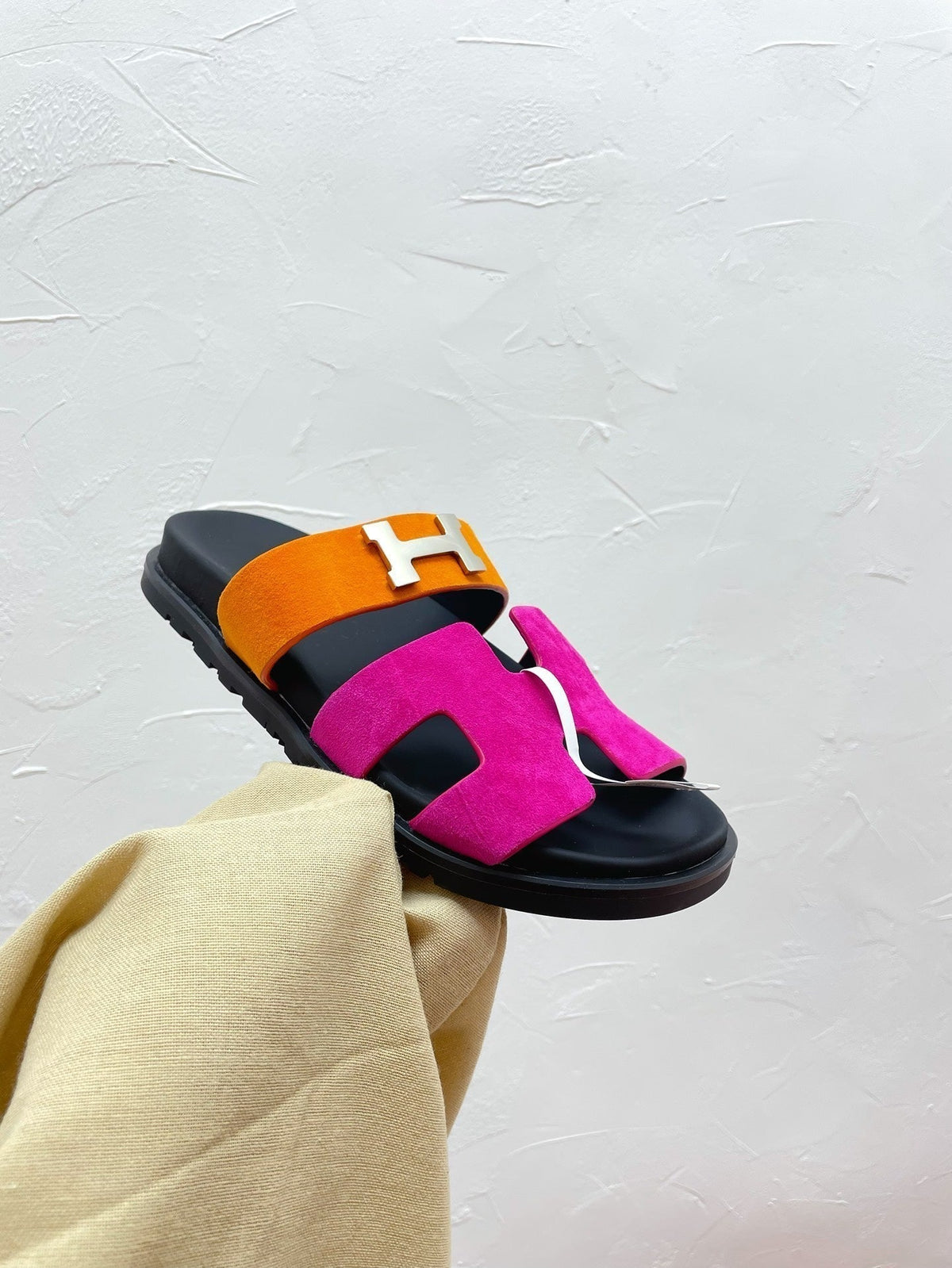 Hermes Chypre Sandal Deep Pink Mix Orange Suede with H Buckle