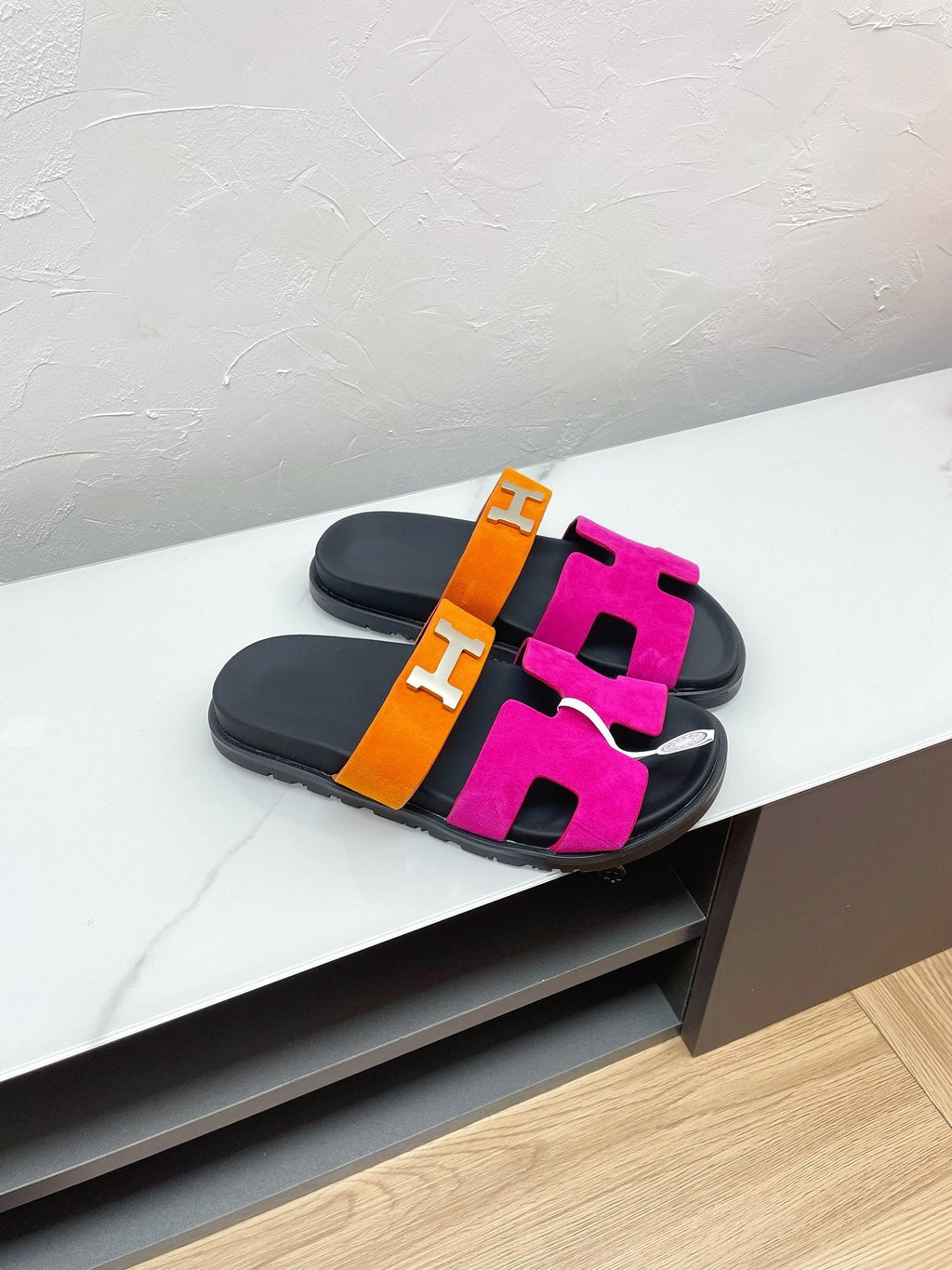 Hermes Chypre Sandal Deep Pink Mix Orange Suede with H Buckle