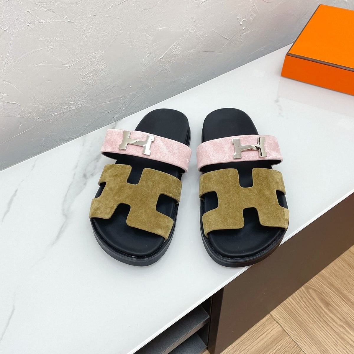 Hermes Chypre Sandal Army Green Mix Pastel Pink Suede with H Buckle