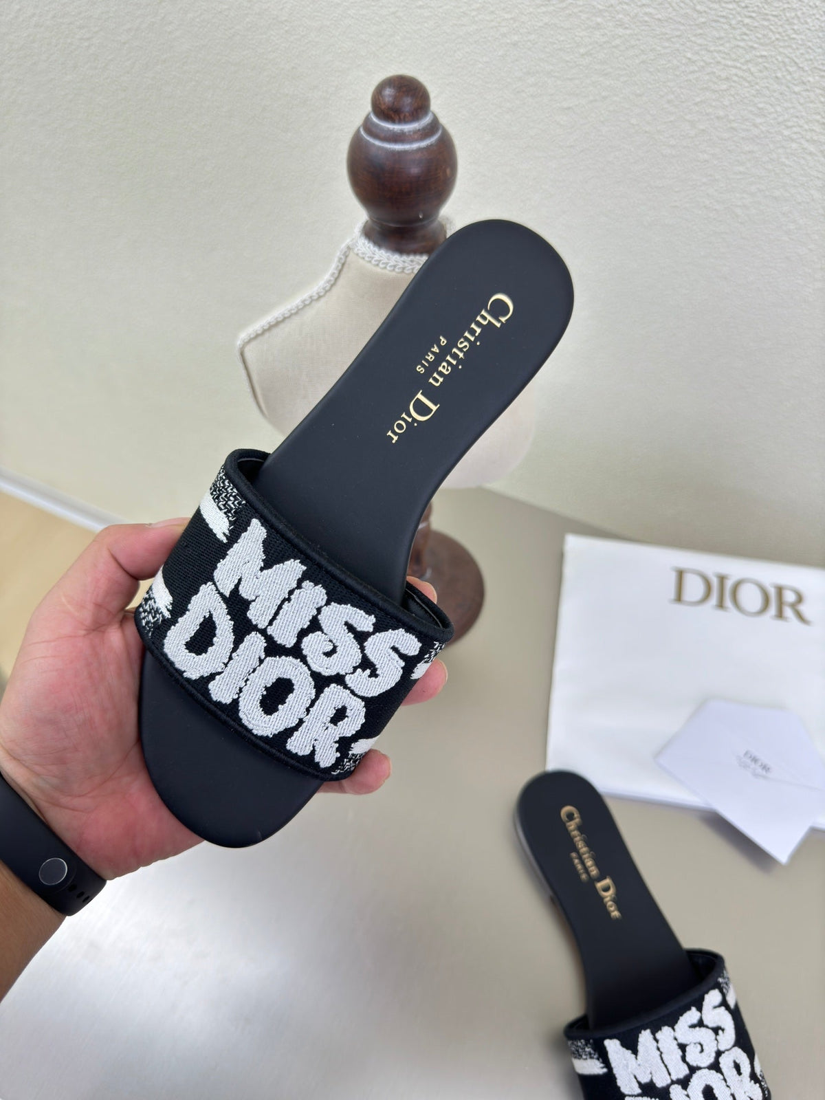 Dior Dway Slide Embroidered Cotton and Black Miss Allover Motif