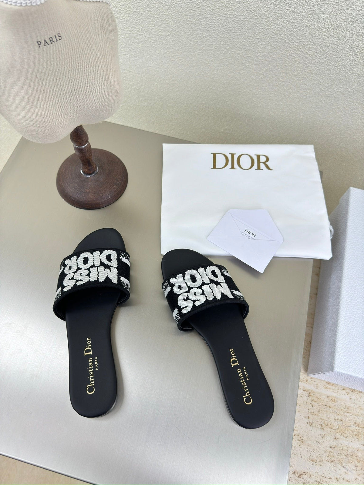 Dior Dway Slide Embroidered Cotton and Black Miss Allover Motif