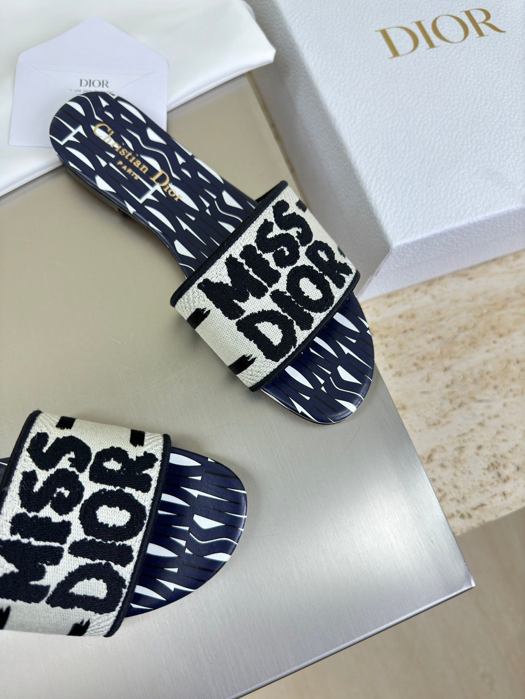 Dior Dway Slide Embroidered Cotton and Navy Blue Miss Allover Motif