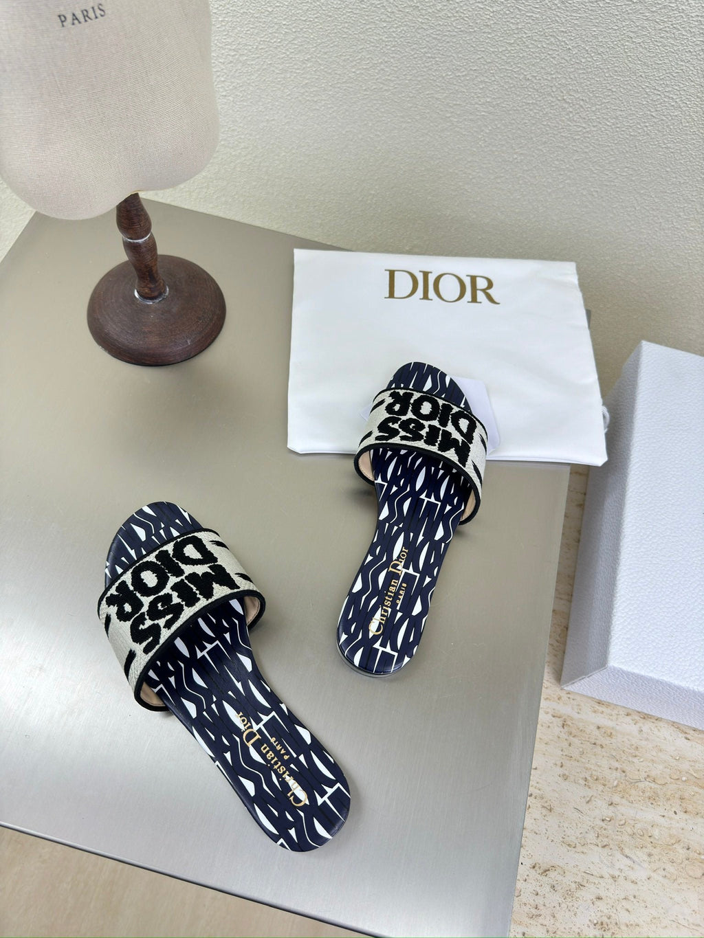 Dior Dway Slide Embroidered Cotton and Navy Blue Miss Allover Motif