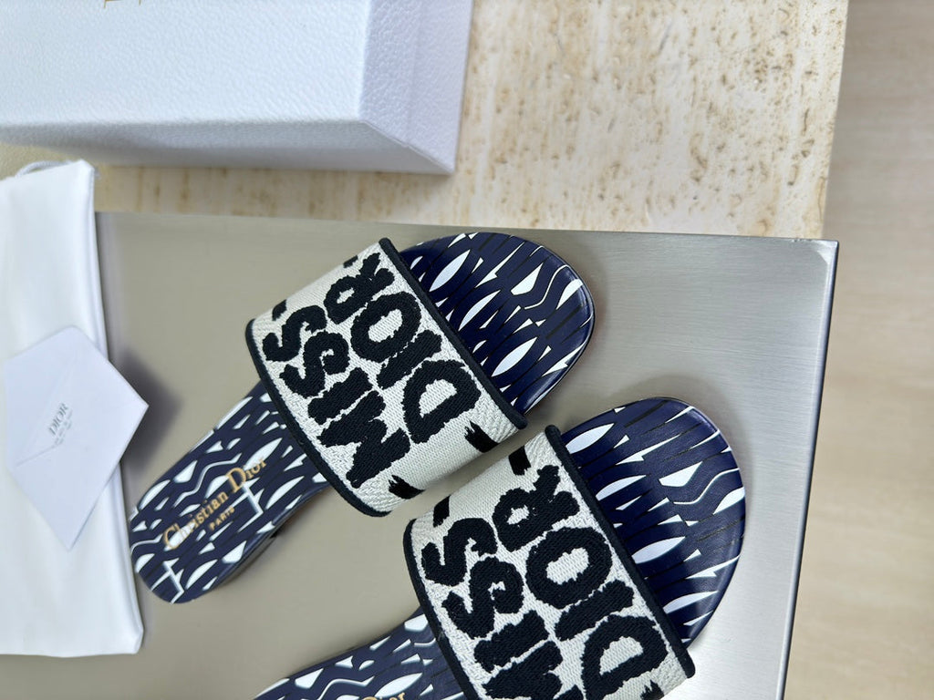 Dior Dway Slide Embroidered Cotton and Navy Blue Miss Allover Motif