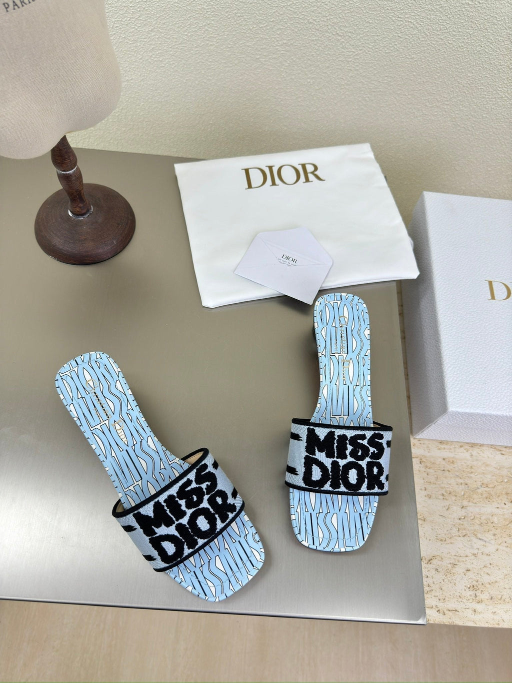 Dior Dway Heeled Slide Embroidered Cotton and Light Pink Miss Allover Motif 35 mm
