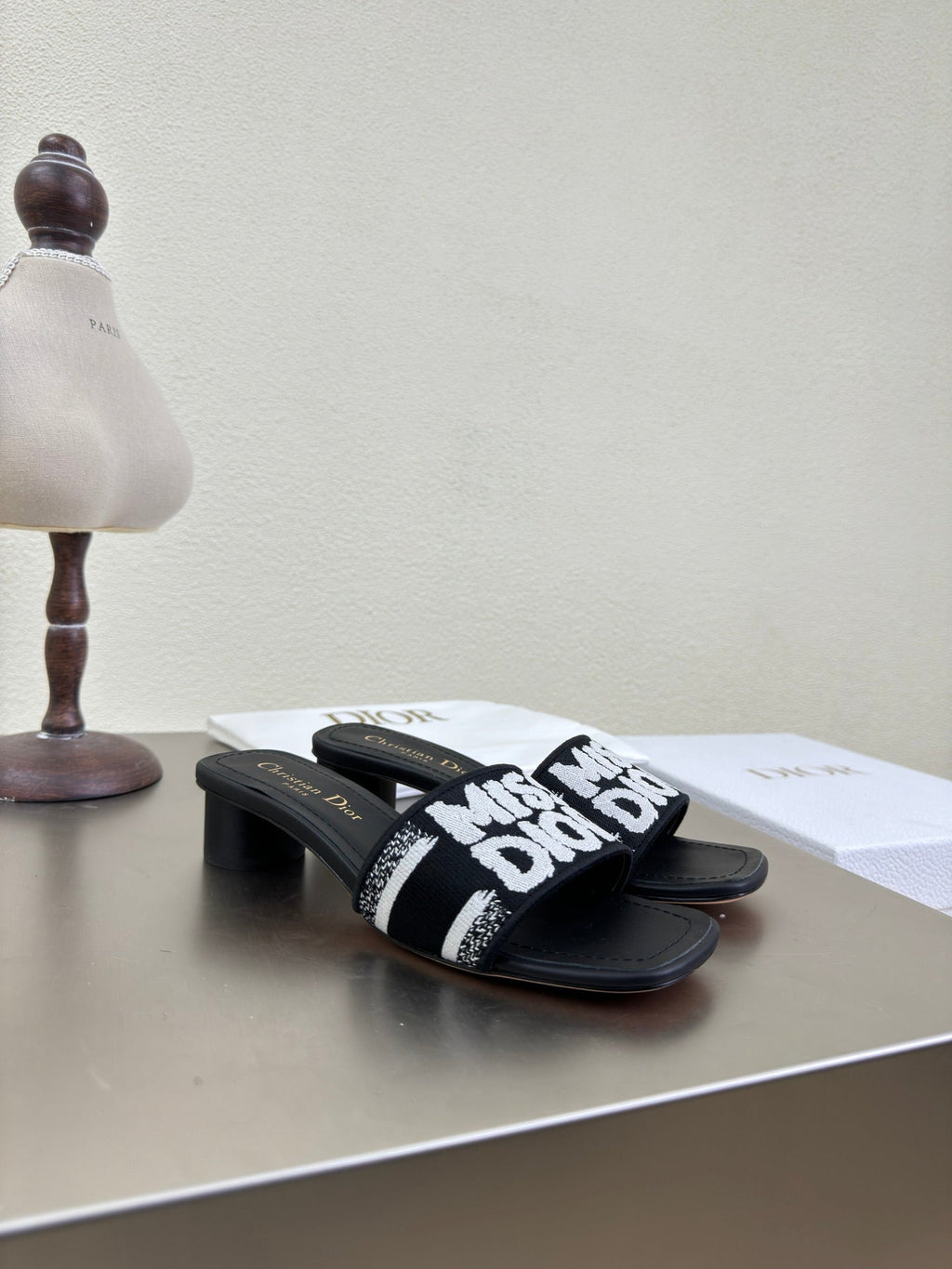 Dior Dway Heeled Slide Embroidered Cotton and Black Miss Allover Motif 35 mm