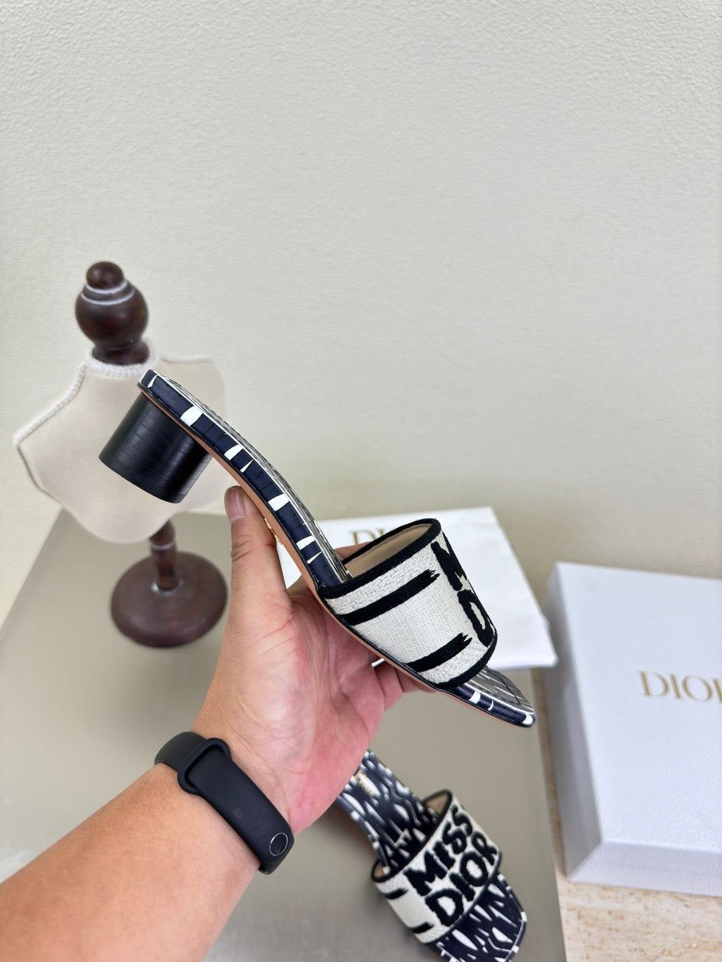 Dior Dway Heeled Slide Embroidered Cotton and Navy Blue Miss Allover Motif 35 mm