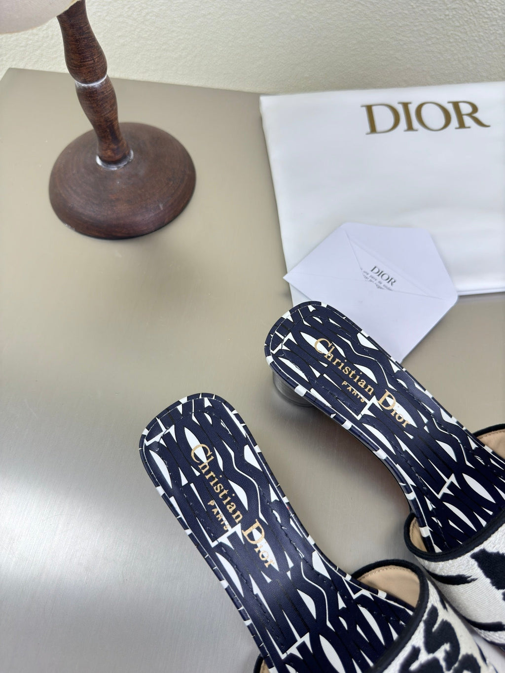Dior Dway Heeled Slide Embroidered Cotton and Navy Blue Miss Allover Motif 35 mm