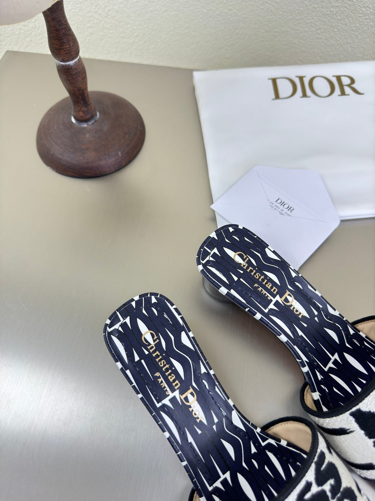 Dior Dway Heeled Slide Embroidered Cotton and Navy Blue Miss Allover Motif 35 mm
