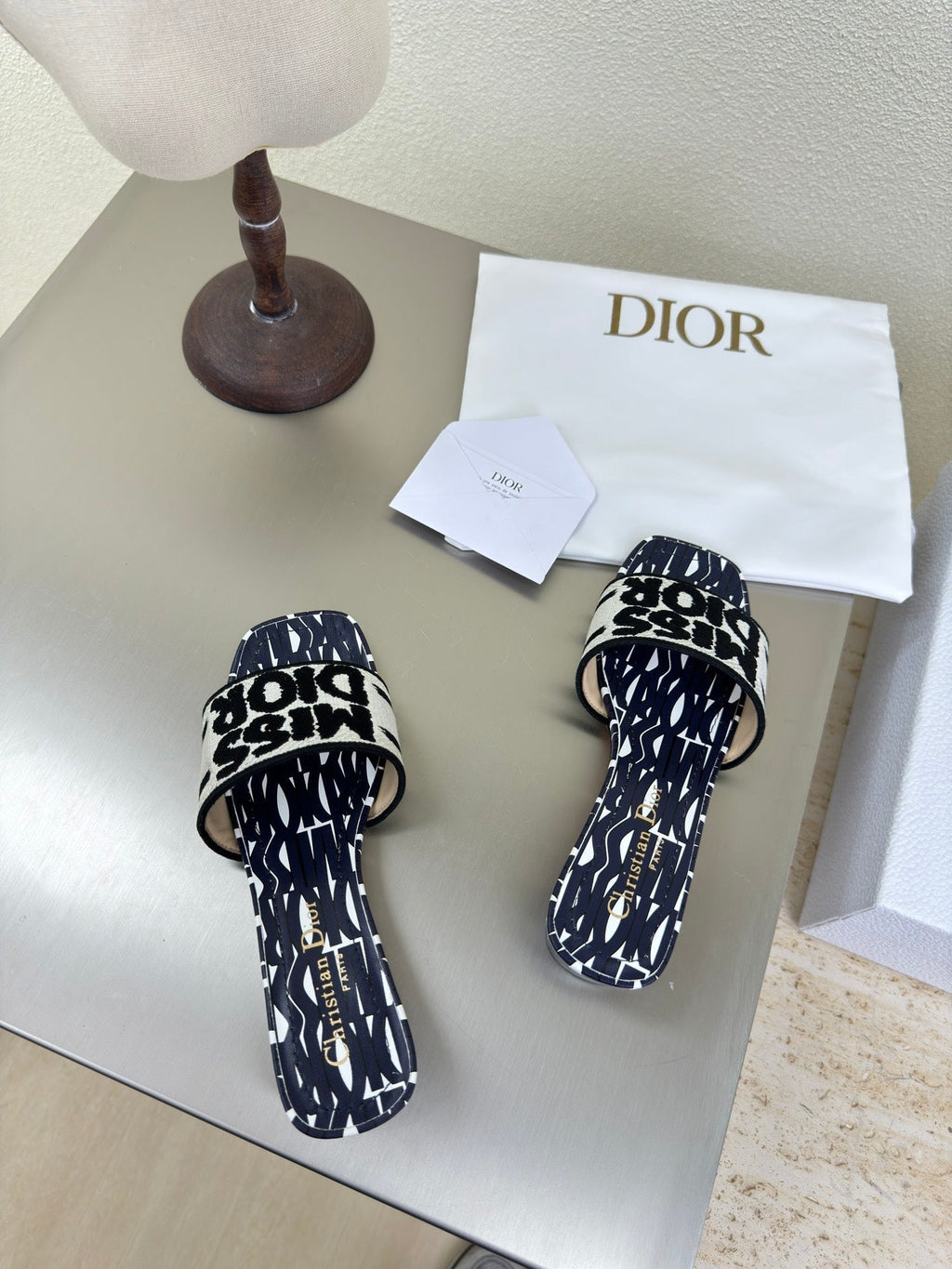 Dior Dway Heeled Slide Embroidered Cotton and Navy Blue Miss Allover Motif 35 mm