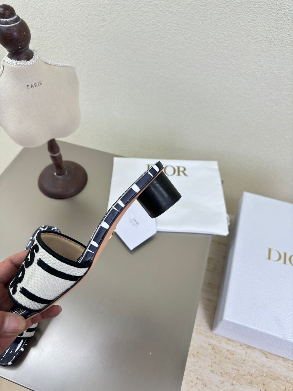Dior Dway Heeled Slide Embroidered Cotton and Navy Blue Miss Allover Motif 35 mm