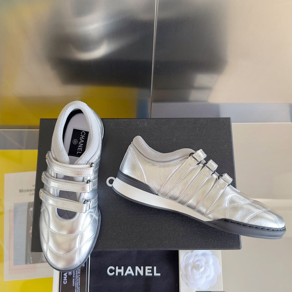 Chanel Mary Jane Sneaker in Silver Lambskin