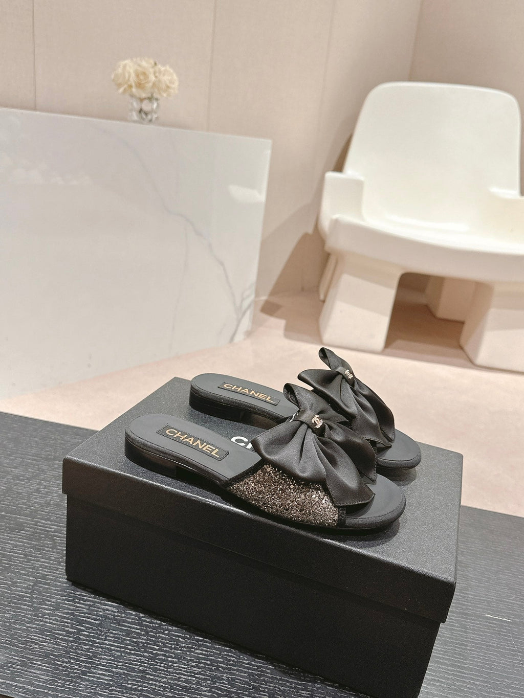 Chanel Bow Lady Slippers Black Lambskin with Rhinestones