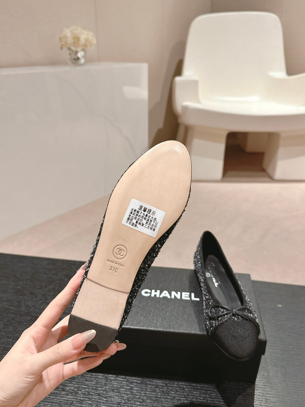 Chanel Ballet Flats in Black Mix White Tweed and Satin
