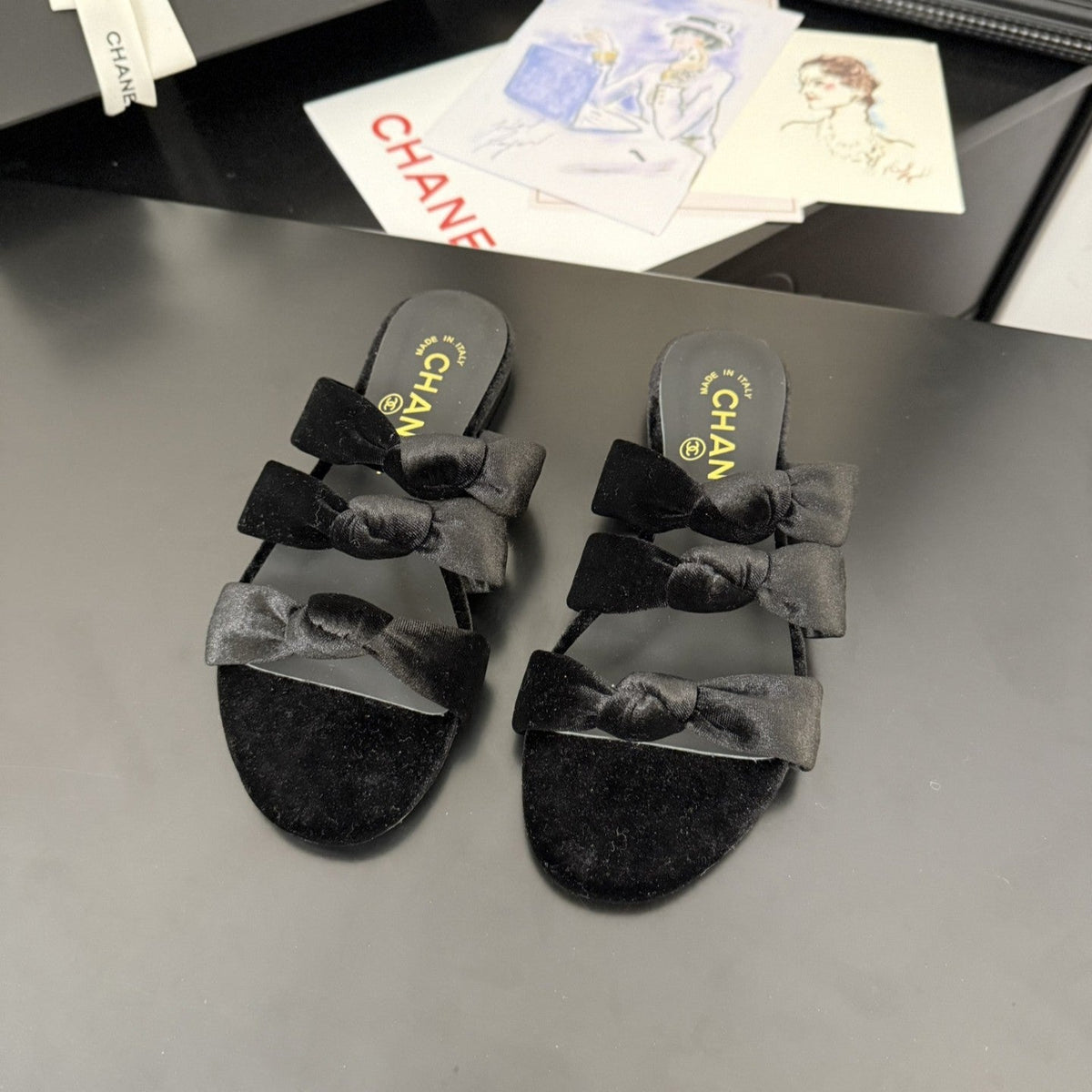 Chanel 25C Three Strap Mule Black Velvet Fabric 233559
