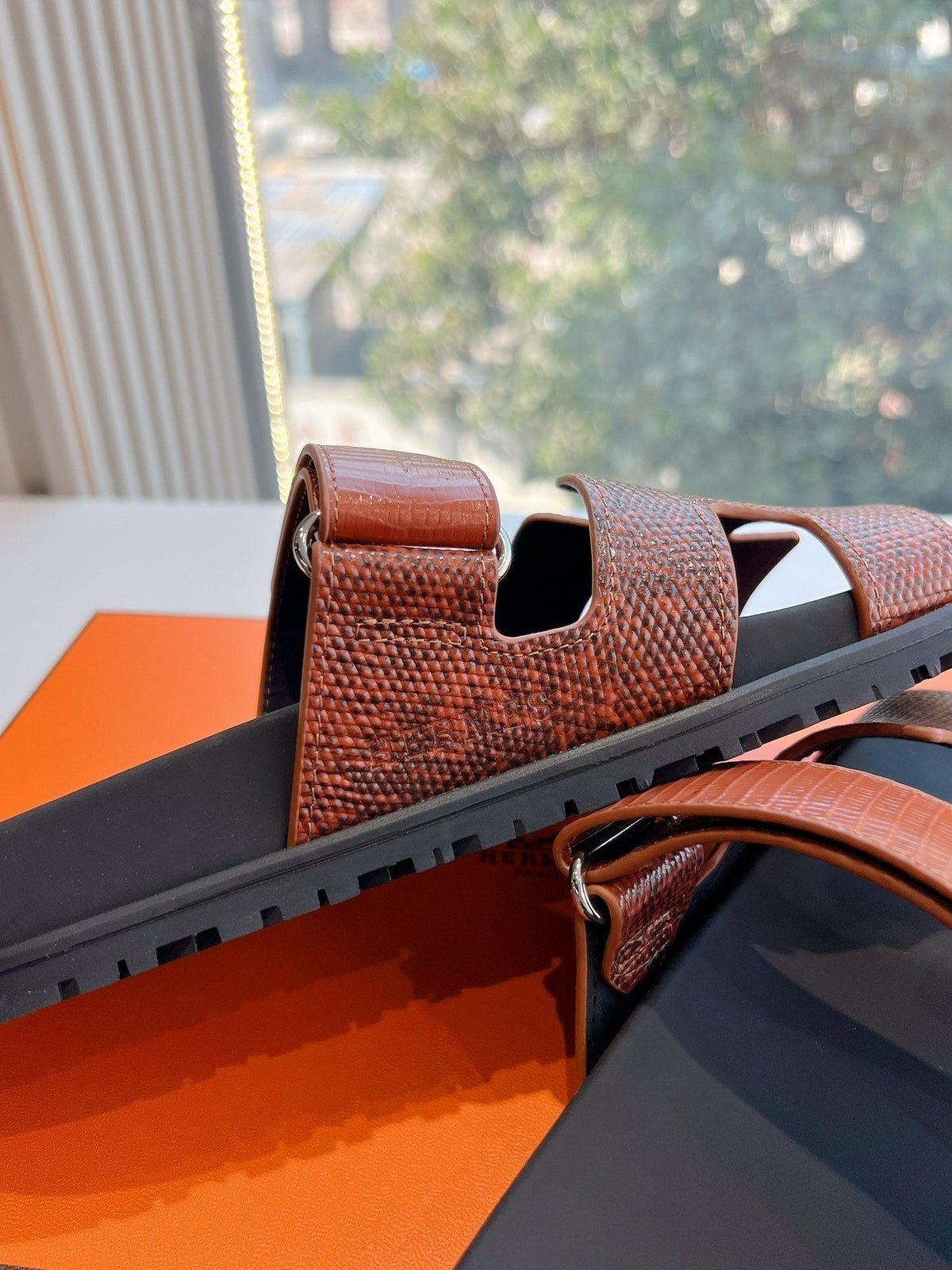 Hermes Chypre Sandal in Pecan Brown Lizard Skin