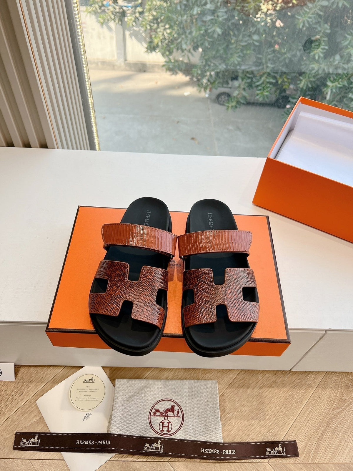 Hermes Chypre Sandal in Pecan Brown Lizard Skin