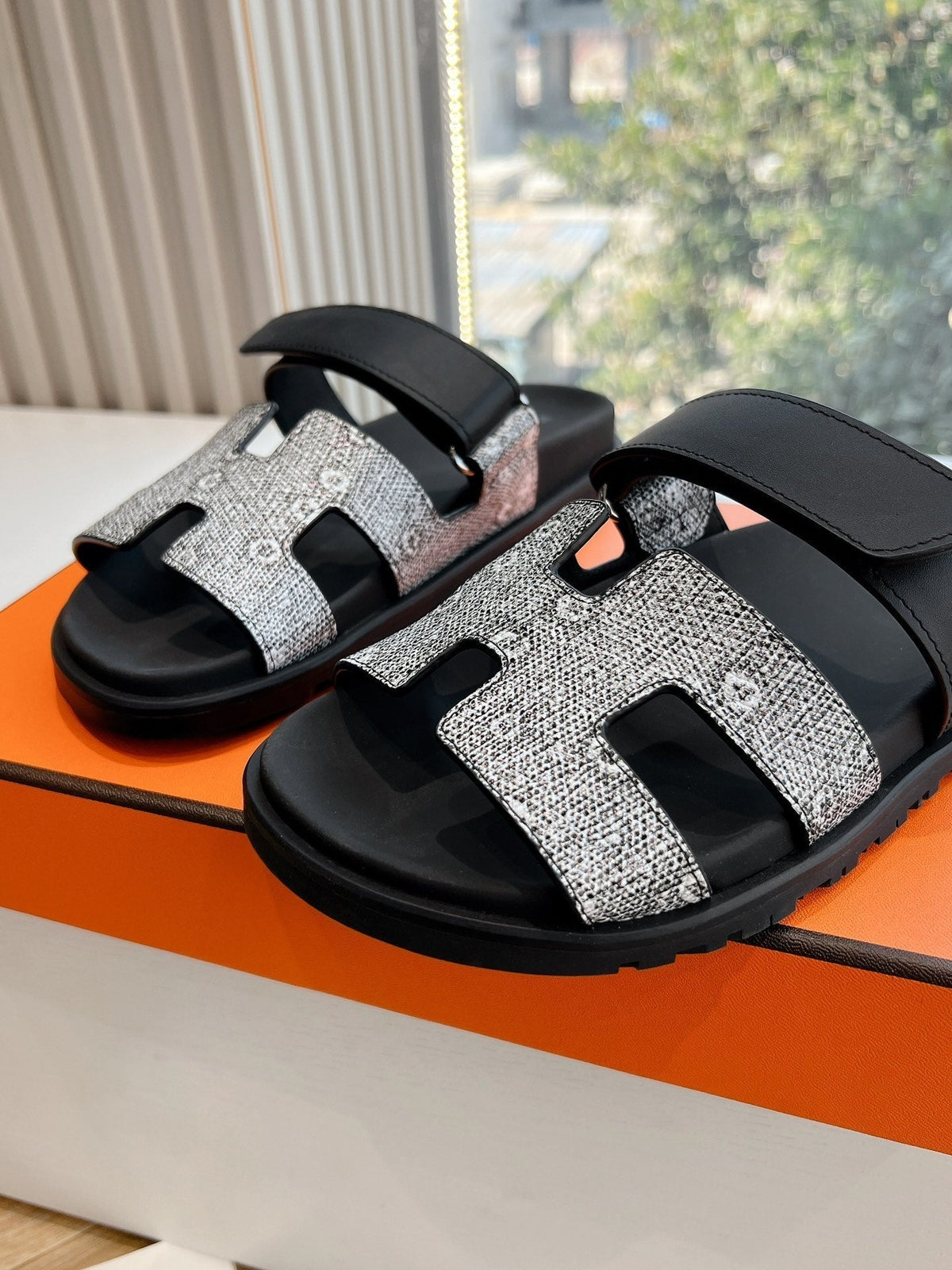 Hermes Chypre Sandal in Black Mix White Lizard Skin