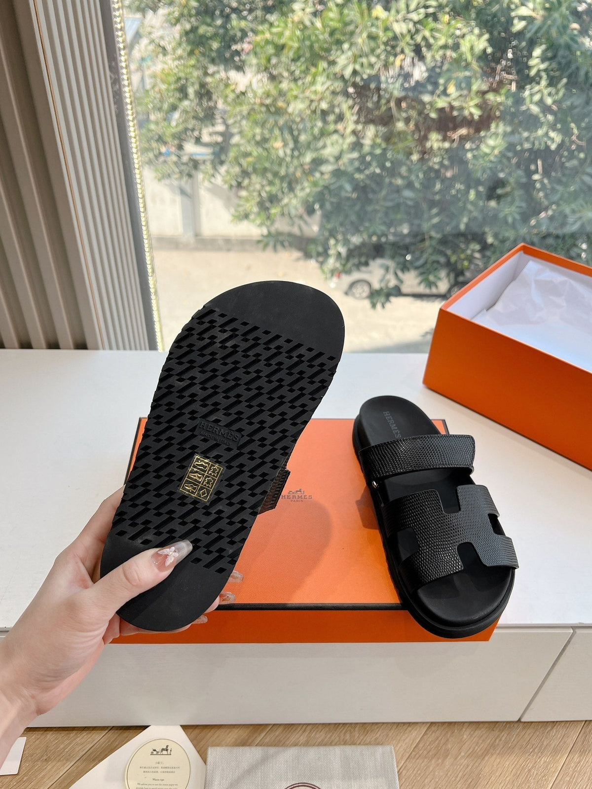 Hermes Chypre Sandal in Black Shiny Grained Calfskin