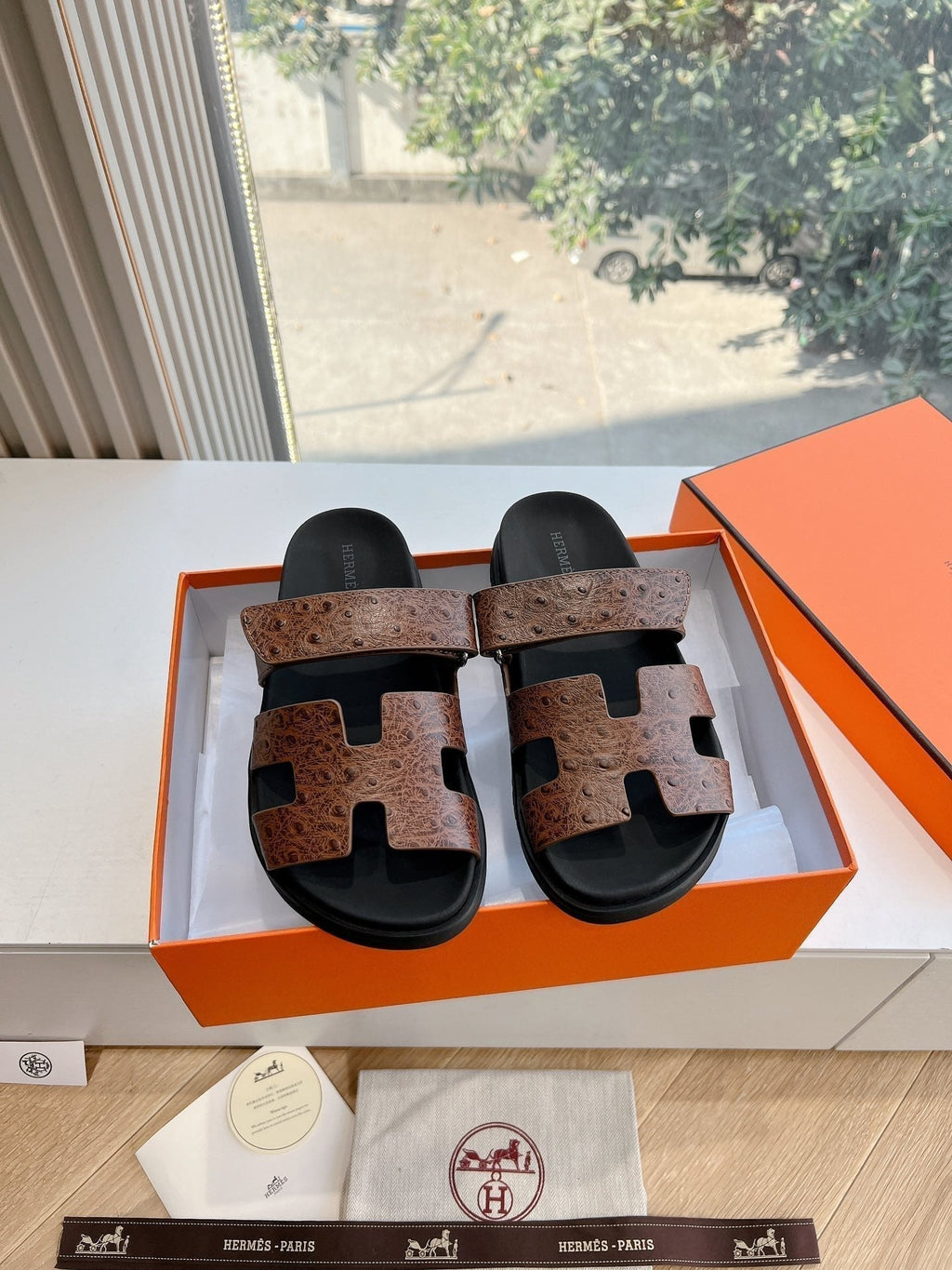 Hermes Chypre Sandal in Chocolate Brown Grained Calfskin