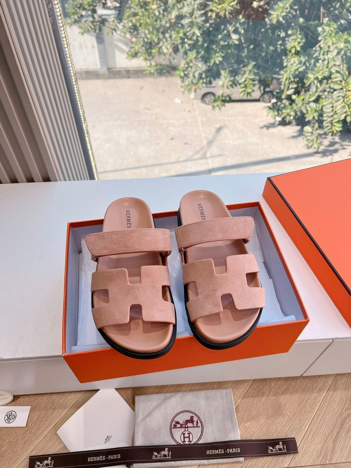 Hermes Chypre Sandal in Rose Pink Suede