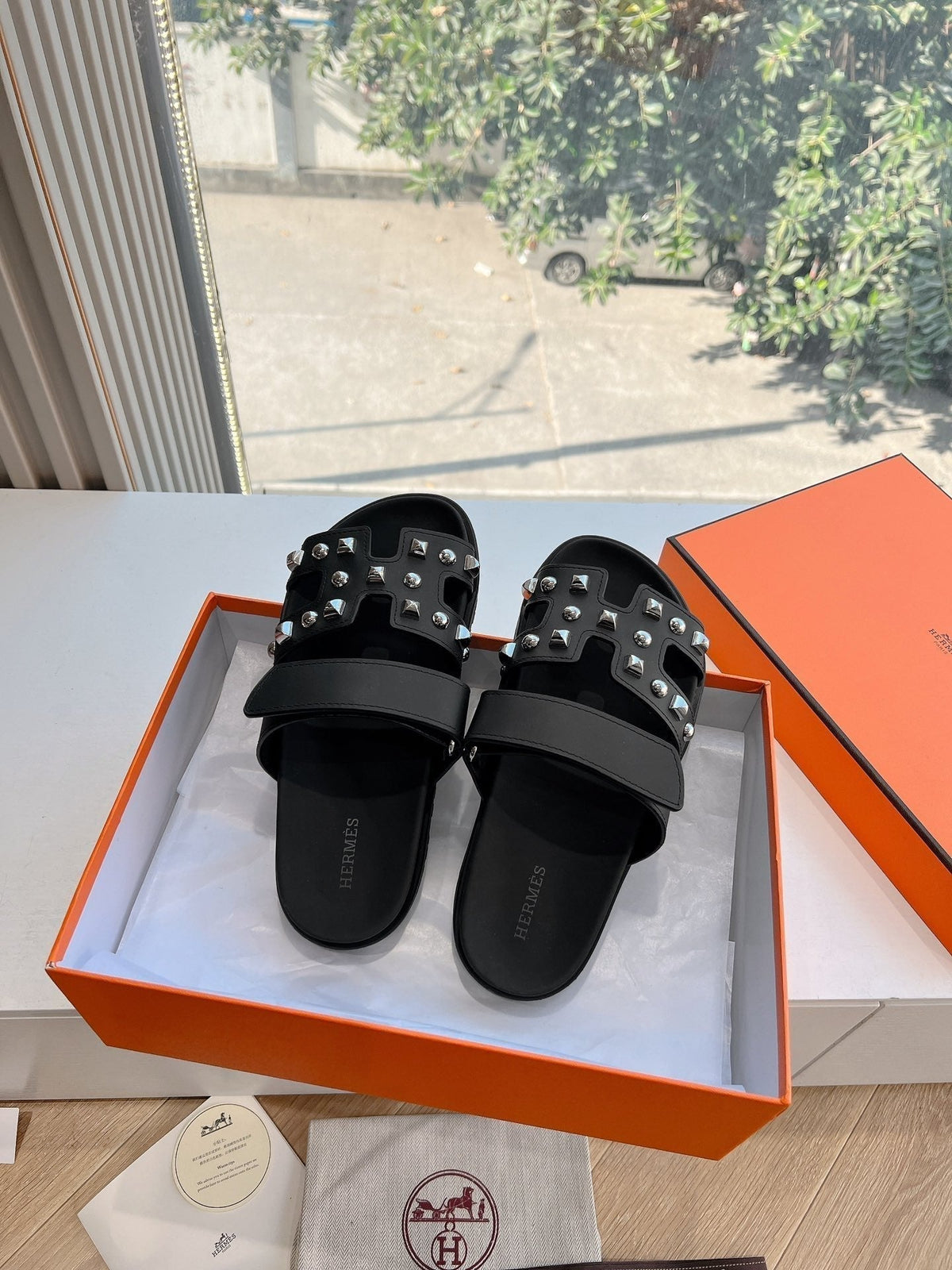 Hermes Chypre Sandal in Black Calfskin with Studs