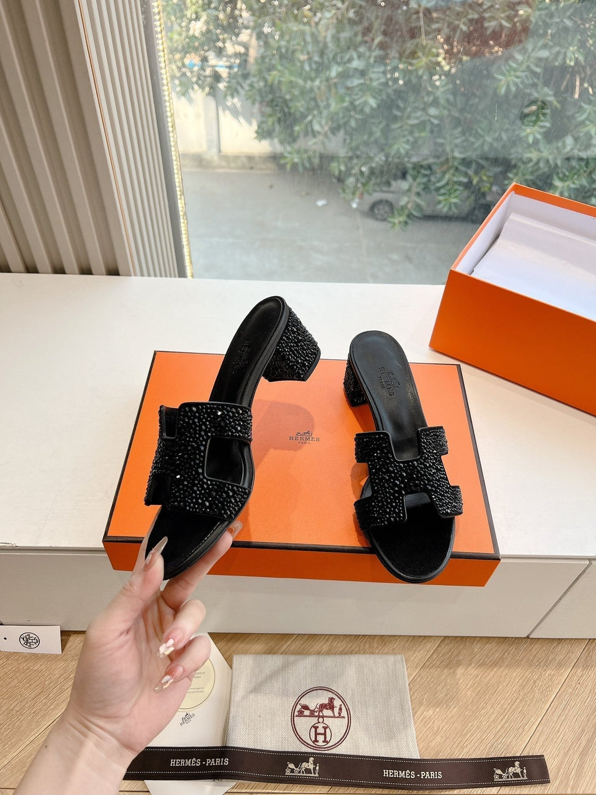 Hermes 0ASIS Sandal in Black Suede with Crystals