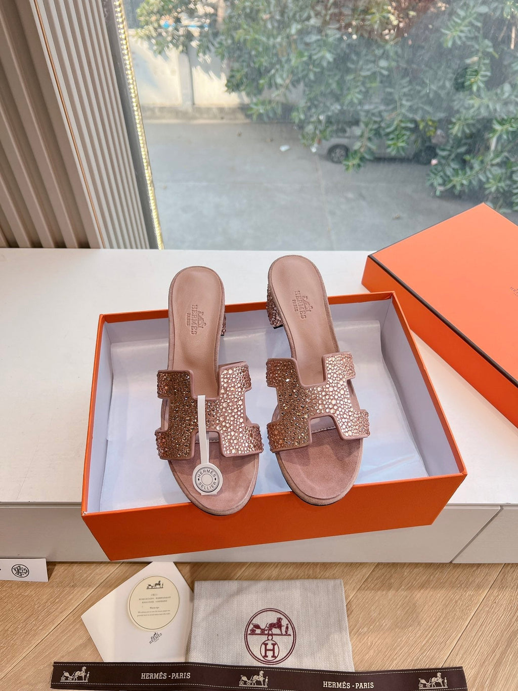 Hermes 0ASIS Sandal in Blush Pink Suede with Crystals