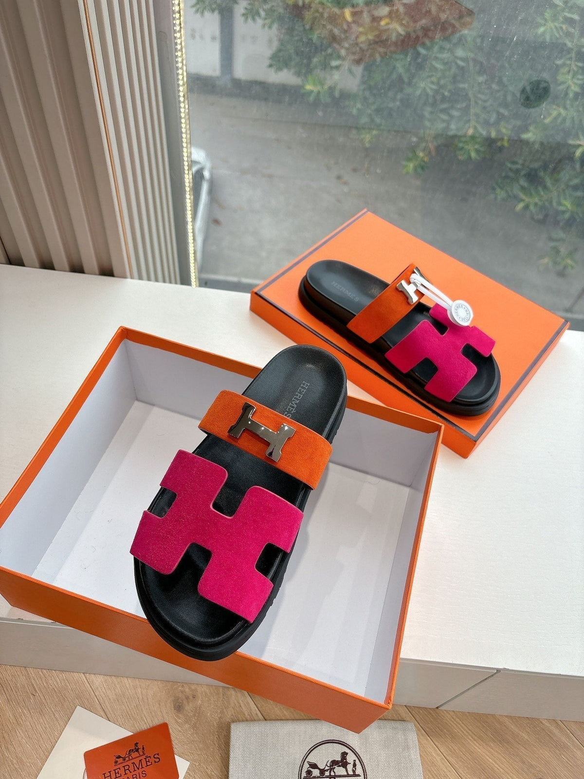 Hermes Chypre Sandal in Dark Pink Mix Orange Suede