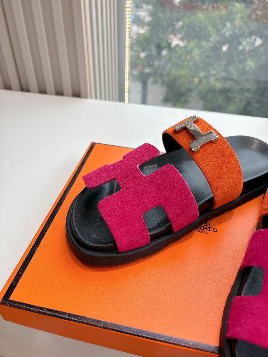 Hermes Chypre Sandal in Dark Pink Mix Orange Suede