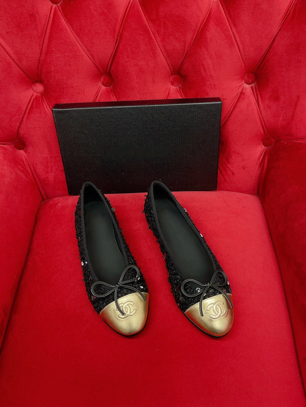 Chanel Ballet Flat Black Gold Tweed Metal Calfskin