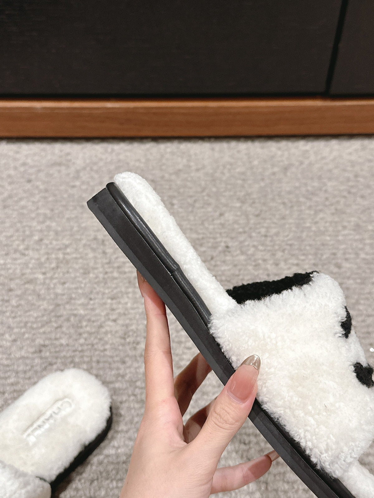 Chanel Slippers in White Mix Black Fleece