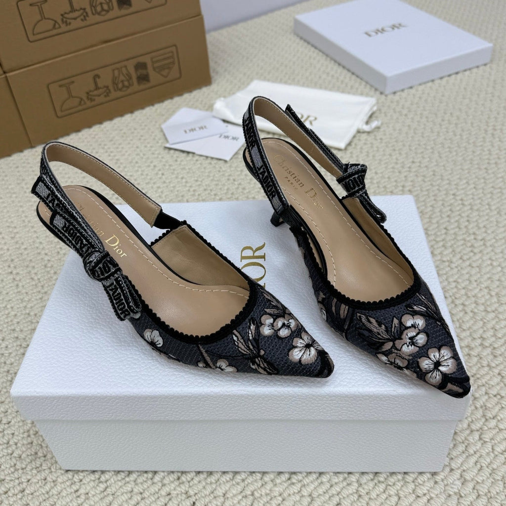 Dior High Slingback 65 mm 25S in Black Fabric and Floral Pattern