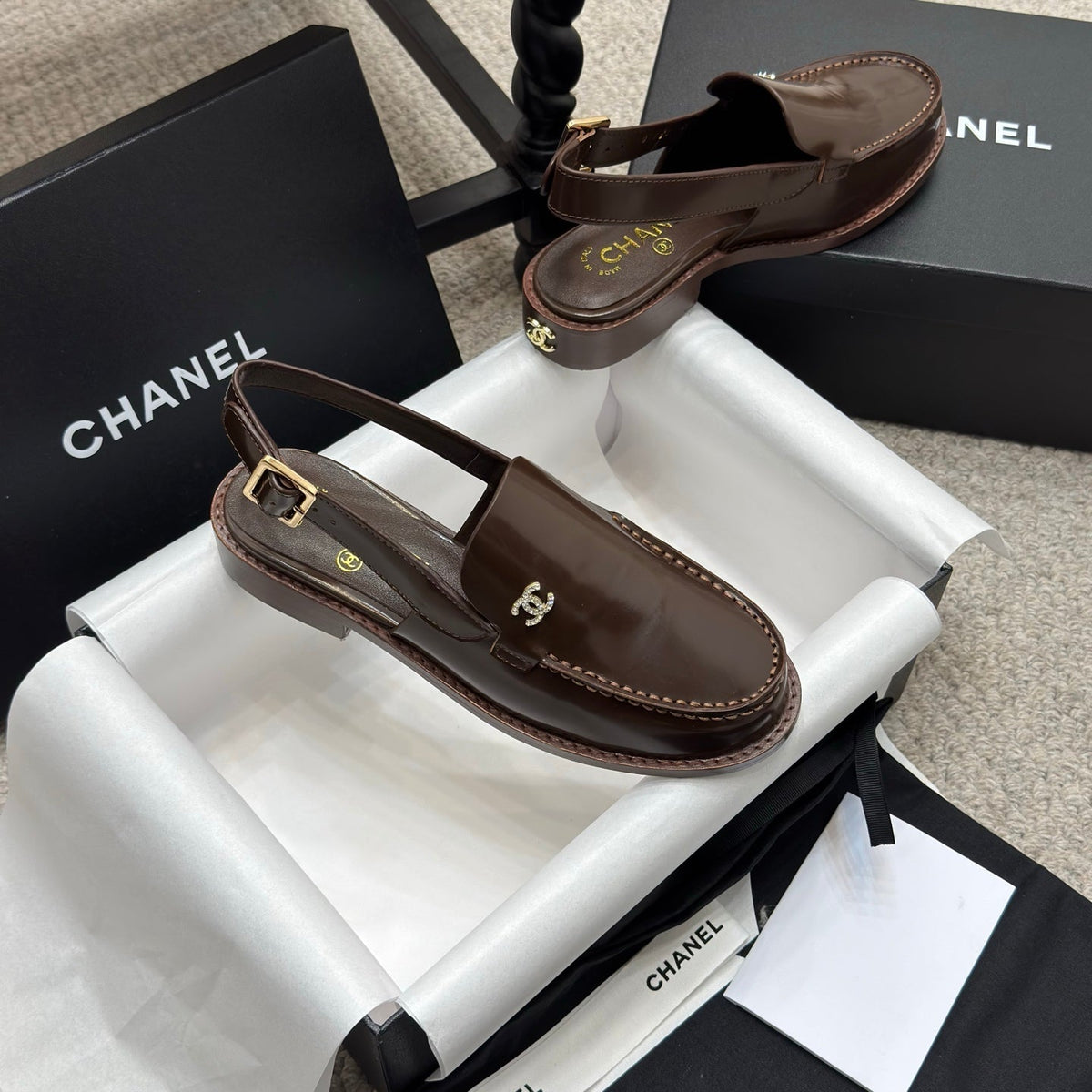 Chanel 25C Slingback Loafer Chocolate Patent Leather