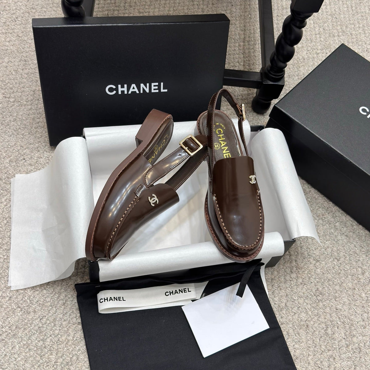 Chanel 25C Slingback Loafer Chocolate Patent Leather