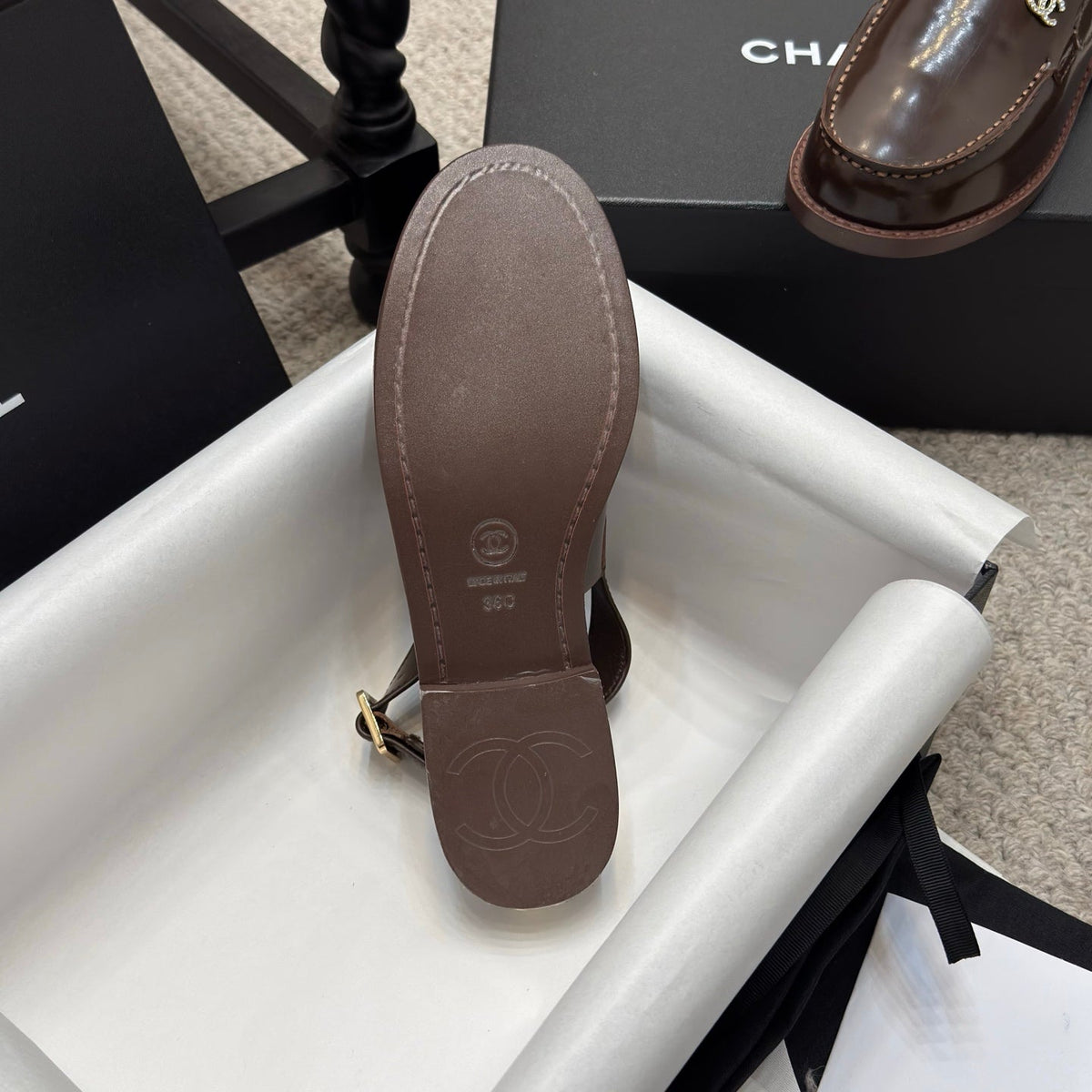 Chanel 25C Slingback Loafer Chocolate Patent Leather