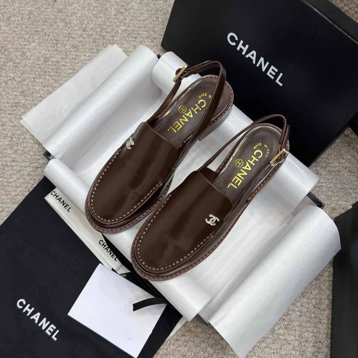 Chanel 25C Slingback Loafer Chocolate Patent Leather