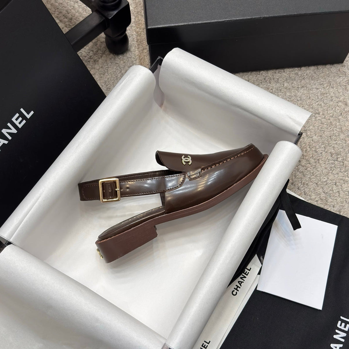 Chanel 25C Slingback Loafer Chocolate Patent Leather