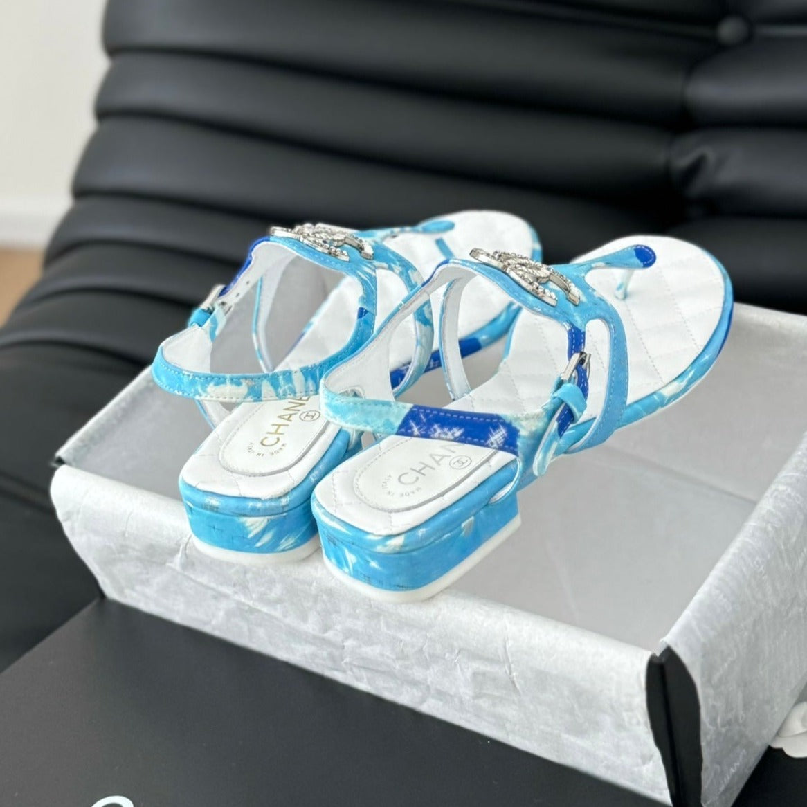 Chanel Double C Classic One-Strap Sandals White Sky Blue Lambskin
