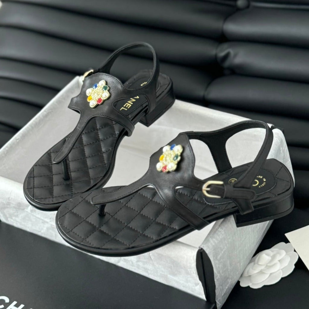 Chanel Double C Classic One-Strap Sandals Black Lambskin