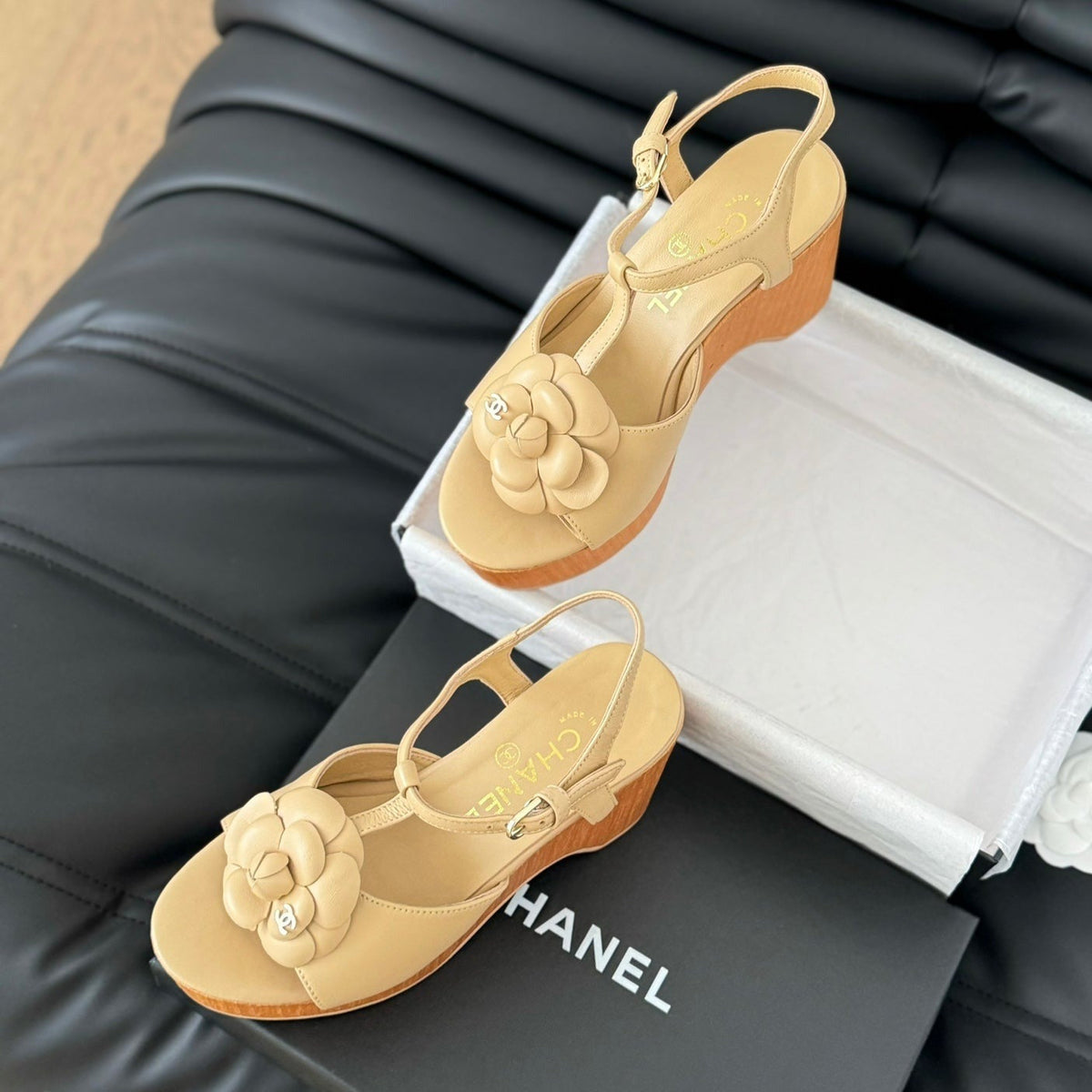 Chanel Double C New Wood Grain Platform Sandal Tan Brown Lambskin