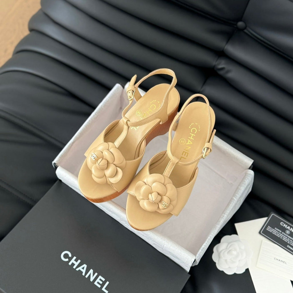 Chanel Double C New Wood Grain Platform Sandal Tan Brown Lambskin