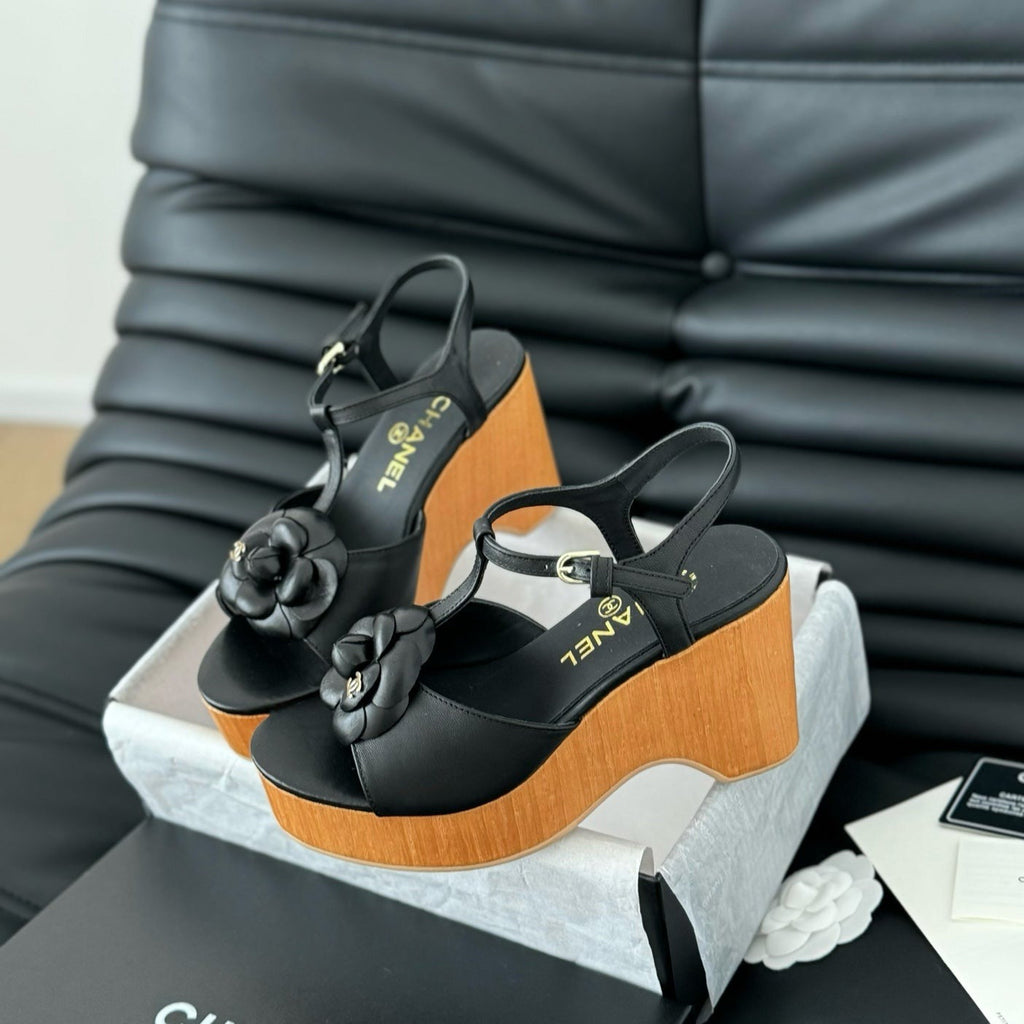 Chanel Double C New Wood Grain Platform Sandal Black Lambskin