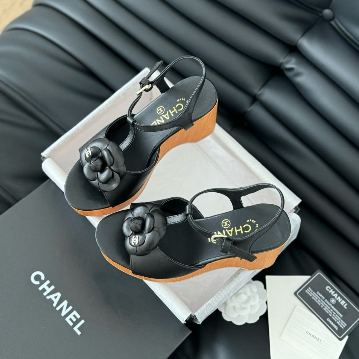 Chanel Double C New Wood Grain Platform Sandal Black Lambskin