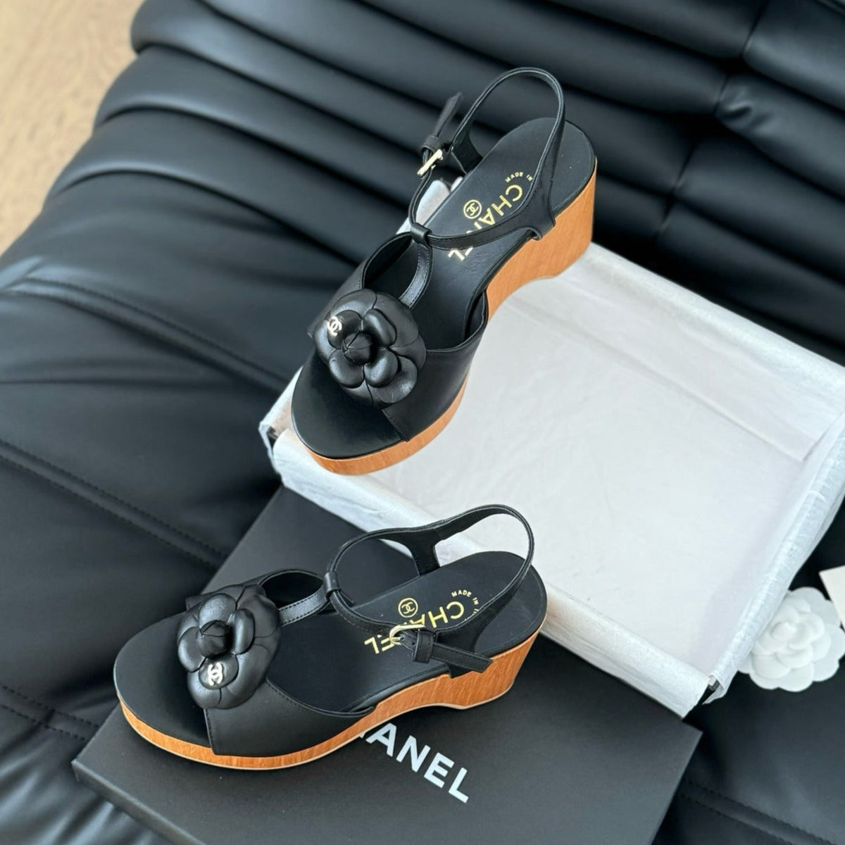 Chanel Double C New Wood Grain Platform Sandal Black Lambskin