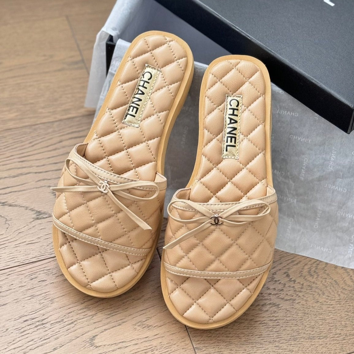 Chanel Double C New Butterfly Button Slippers Yellow Cream Lambskin