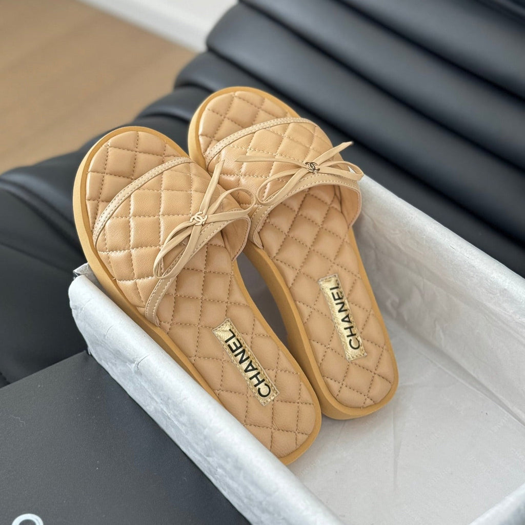 Chanel Double C New Butterfly Button Slippers Yellow Cream Lambskin